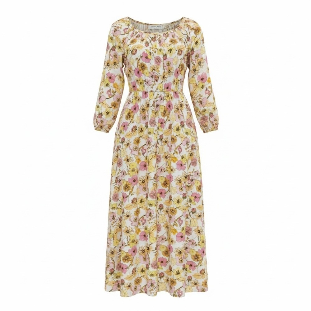 Sonnet James Floral Maxi Play Dress Yellow Pink 3/4 Sleeve Pockets Size S - Picture 4 of 4